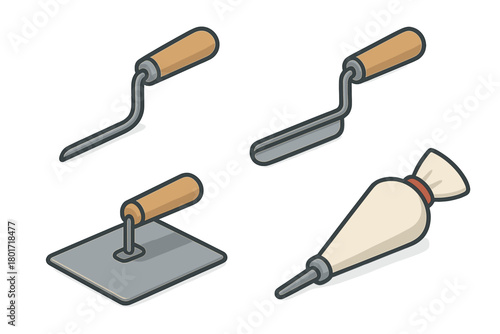Isometric set of masonry and plastering tools icons for construction