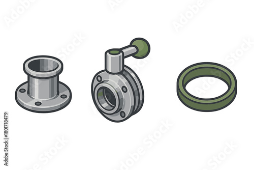 Isometric industrial pipe fittings set including flange, valve, and gasket components