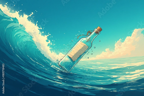 A glass bottle with a message floats on a cresting ocean wave under a bright blue sky.