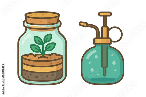 Miniature ecosystem in a glass jar with a cork lid next to a vintage style plant mister spray bottle