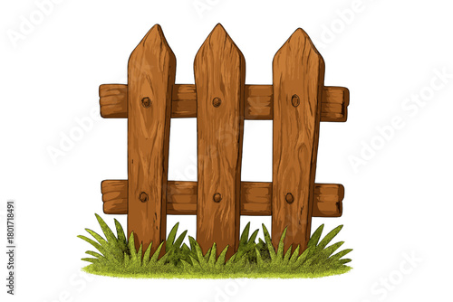 Section of brown wooden picket fence above bright green grass border