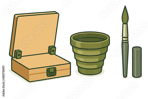 Open wooden art supply case with collapsible water cup and paintbrush