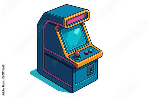 Retro isometric arcade game cabinet with joystick and buttons on a white background