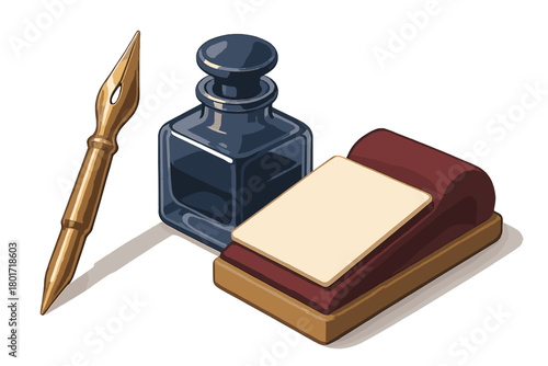 Antique writing tools featuring gold nib pen, inkwell, and desk blotter