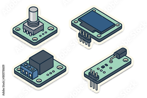 Electronic hardware modules set in isometric view featuring relay, sensor, and rotary encoder