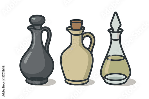 Three assorted oil and vinegar cruets with stoppers and handles