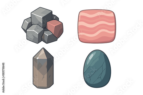 Fantasy game assets collection featuring ore, crystal, meat, and egg icons