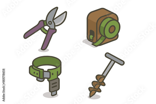 Isometric set of gardening and construction tools