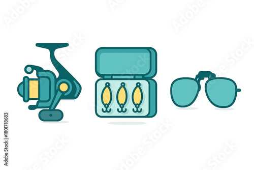 Essential fishing reel tackle box and polarized sunglasses icons