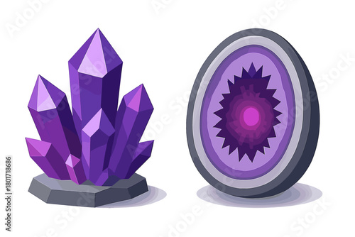 Vibrant purple crystal cluster and glowing geode cross section design elements