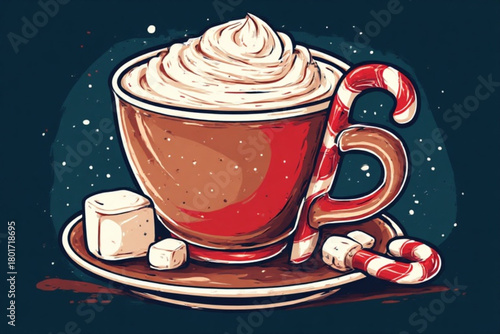 A red mug filled with hot chocolate and whipped cream, accompanied by candy canes and marshmallows.