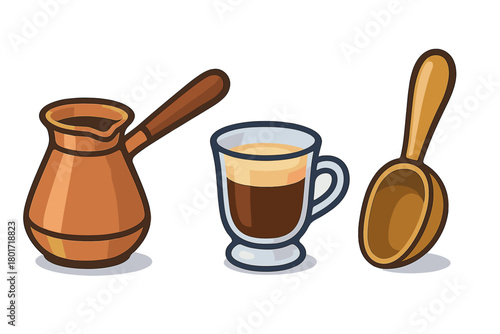 Turkish coffee pot espresso glass and wooden scoop icons set