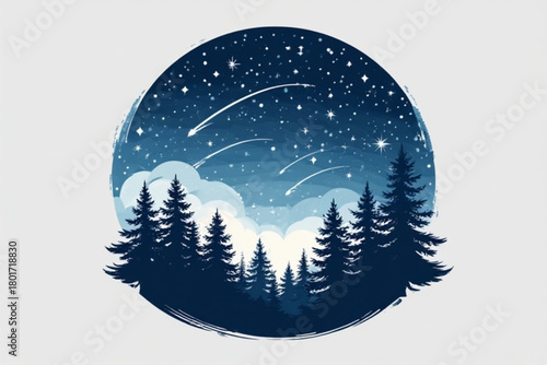 A stylized illustration of a night sky with shooting stars and evergreen trees.