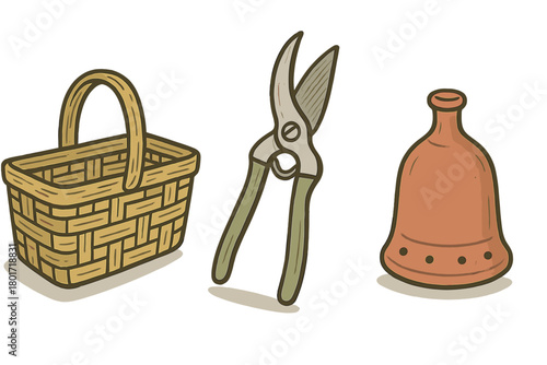 Woven basket pruning shears and terracotta plant cloche set