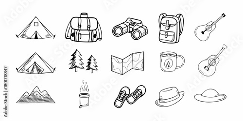 Collection of hand drawn camping and outdoor adventure icons and illustrations in black and white