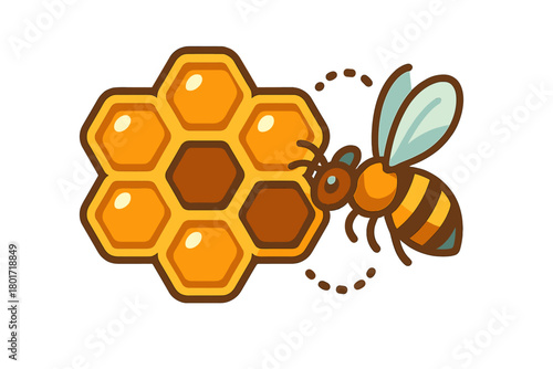 Cute cartoon bee flying towards honeycomb structure with golden honey cells