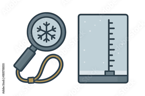 Magnifying glass examining snowflake and snow depth measurement gauge icons