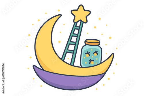 Whimsical crescent moon with ladder, star, and firefly jar