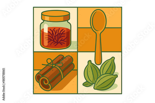 Assortment of aromatic spices and sweet jam in a rustic kitchen still life
