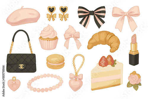 Parisian fashion accessories and gourmet pastry icons collection