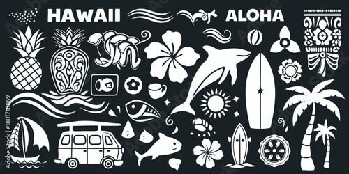 Hawaiian aloha collection featuring tropical icons and beach elements on black background