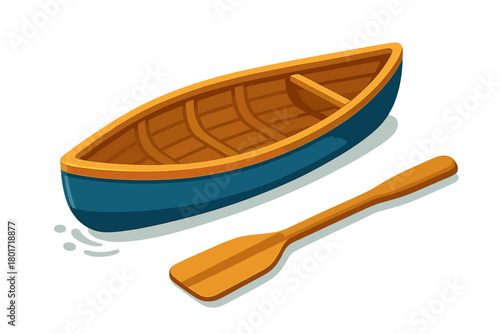 Blue wooden canoe boat with single paddle isolated on white background