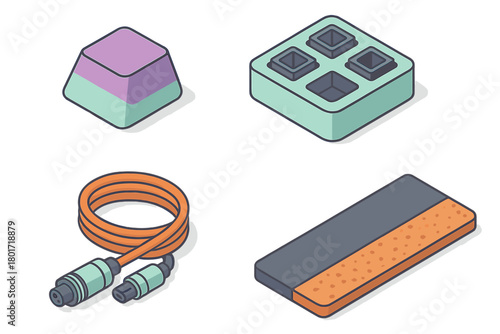 Collection of isometric computer hardware components and accessories