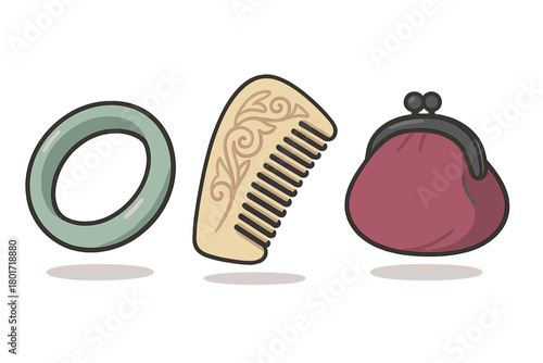 Jade Bangle Wooden Comb and Coin Purse Set Isolated on White