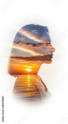 Sunset reflection over a serene sea showcasing a woman's profile with vibrant colors at dusk