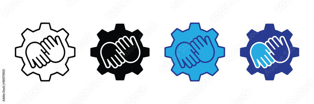 Obraz premium Collaboration and teamwork icon: hands clasped within a gear mechanism symbolizing partnership, cooperation, and integrated industry solutions for innovation and progress.