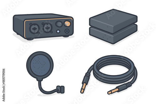 Home studio audio recording setup with interface, acoustic foam, and microphone accessories