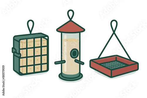 Three hanging bird feeders with suet and mixed seed