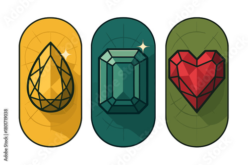 Collection of stylized gemstone icons in pear, emerald, and heart shapes