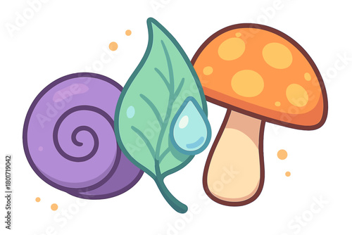 Snail shell leaf and mushroom with water drop icon set