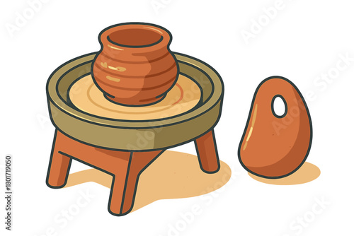 Clay pot forming on traditional pottery wheel with trimming tool