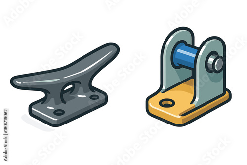 Set of marine mooring hardware icons including cleat and winch component