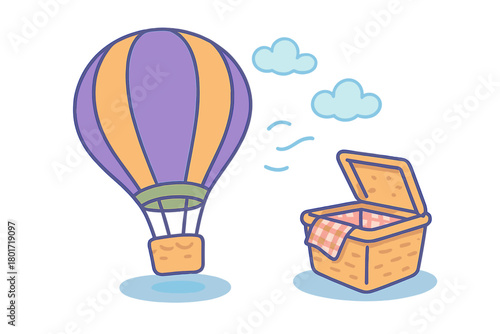 Hot air balloon floating above open picnic basket with checkered cloth