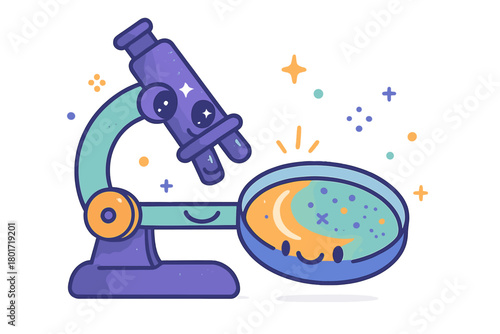 Cute cartoon microscope examining a happy petri dish culture with colorful microorganisms
