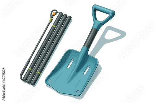 Collapsible avalanche shovel and probe set with telescoping poles used for winter backcountry rescue safety equipment