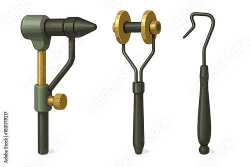 Set of essential tools for tying fishing flies including vise and bobbin