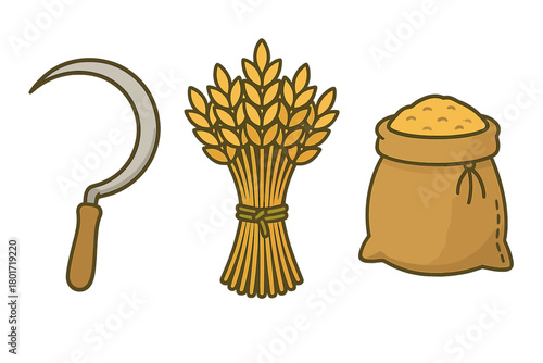 Set of agricultural harvest tools and grain sack icons