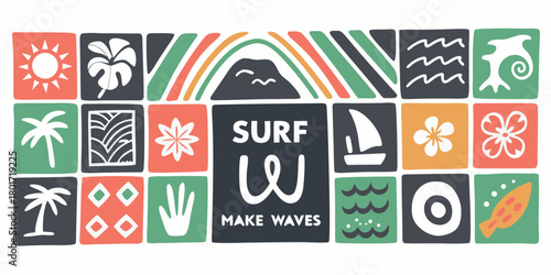 Tropical surf and beach lifestyle graphic design with surf make waves text and icons