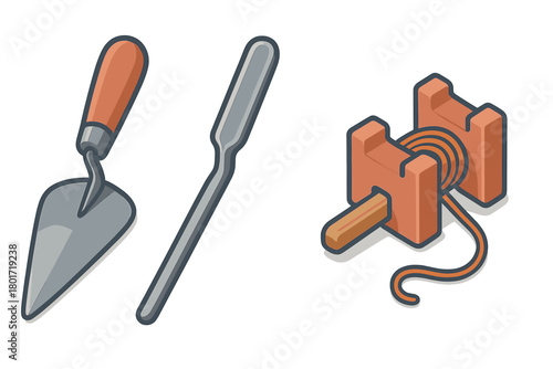 Isometric set of hand tools for gardening and construction work