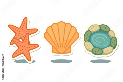 Stylized icons of sea life including starfish, scallop shell, and tide pool scene