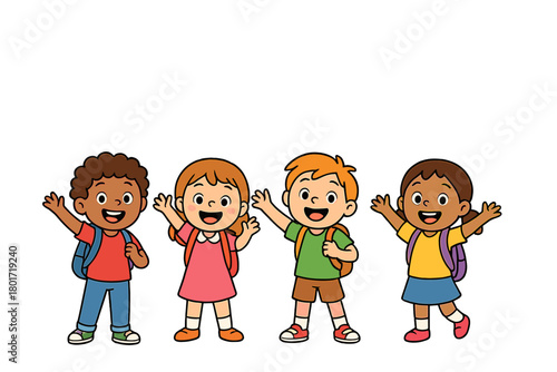 Cheerful diverse elementary students in colorful backpacks waving hello and smiling brightly