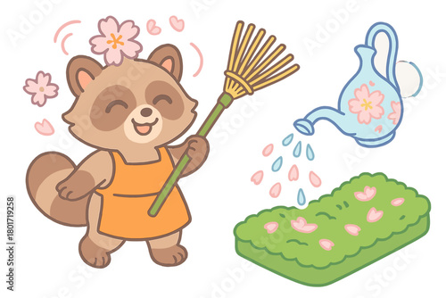 Cheerful tanuki character sweeping and watering vibrant spring garden elements