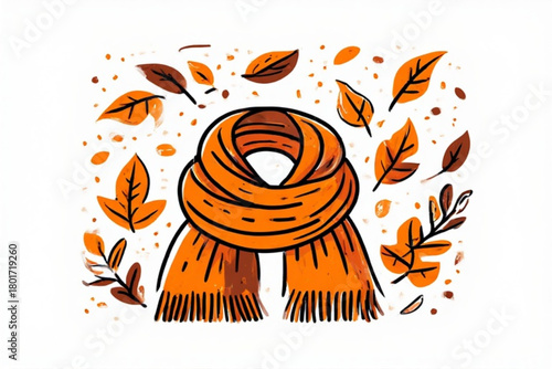 Illustration of a wrapped orange scarf surrounded by falling autumn leaves in various shades of brown and orange.