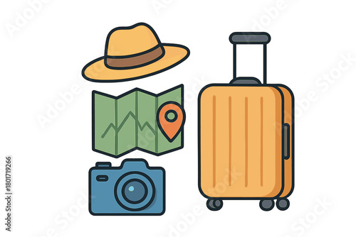 Essential travel accessories set featuring suitcase, map, camera, and sun hat