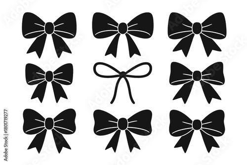 Nine black bow and ribbon silhouette icons for festive decoration