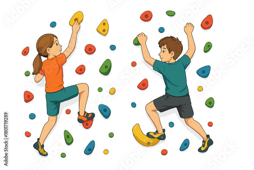 Children climbing colorful holds on indoor bouldering wall